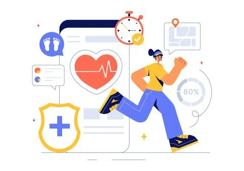 Health Tech Vector Illustration Featuring Modern High Technology Devices us.. Stock Illustration