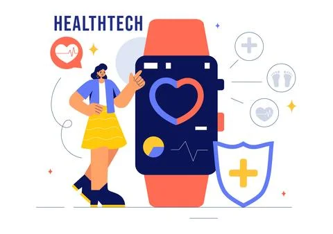 Health Tech Vector Illustration Featuring Modern High Technology Devices us.. Illustrazione stock