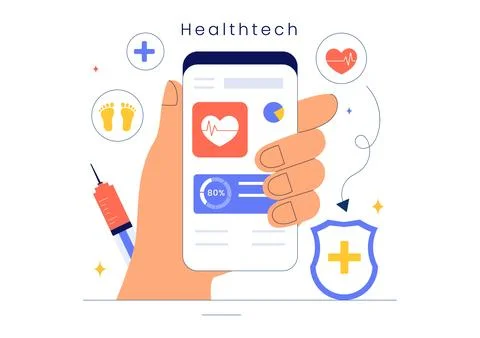 Health Tech Vector Illustration Featuring Modern High Technology Devices us.. Stock Illustration