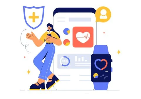 Health Tech Vector Illustration Featuring Modern High Technology Devices us.. Stock Illustration