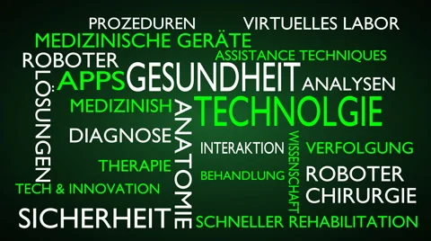 Health technology word tag cloud - green, German variant Stock Footage 67652000