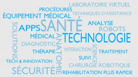 Health technology word tag cloud - white, French variant Stock Footage