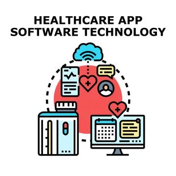 Healthcare app software technology managing patient data Illustrazione stock