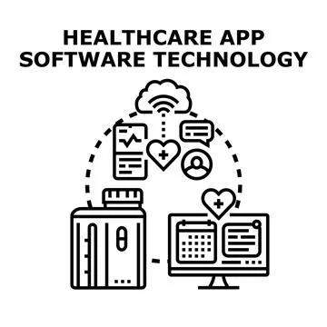 Healthcare app software technology managing patient data Stock Illustration