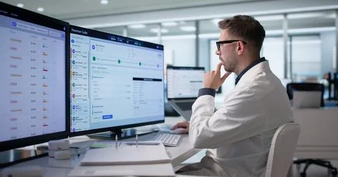 Healthcare Manager Uses Computer Software To Analyze Patient Billing Codes. Stock Photos