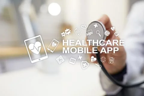 Healthcare mobile apps. Modern medical technology on virtual screen. Stock Photos