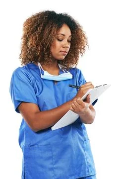 Healthcare, nurse and black woman writing on checklist in studio isolated on Stock Photos