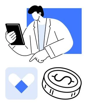 Healthcare professional using a tablet, accompanied by a pill icon and a co.. イラスト素材