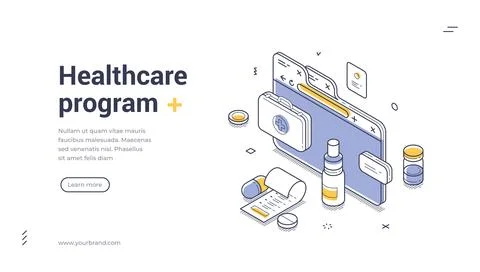 Healthcare program web banner. Isometric template for a medical insurance or  스톡 일러스트