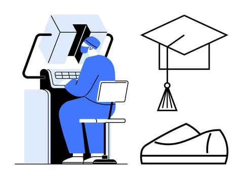 Healthcare worker at computer terminal, wearing mask and uniform. Accompanied Stock-Illustration
