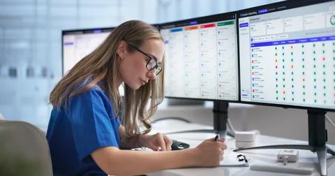 Healthcare Worker Using Credentialing Software On Desktop For Smooth Manageme Stock Photos