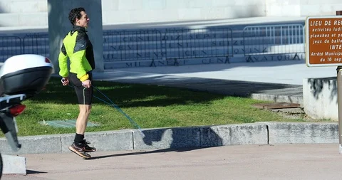 Healthy Athletic Middle Aged Man Jumping With Skipping Rope Outdoor Stock Footage 102495441