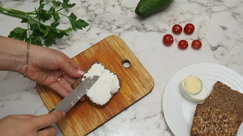 Healthy avocado toasts with rye bread, sliced avocado, eggs, cottage Stock Footage 272157975