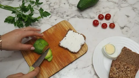 Healthy avocado toasts with rye bread, sliced avocado, eggs, cottage Stock Footage 272157984