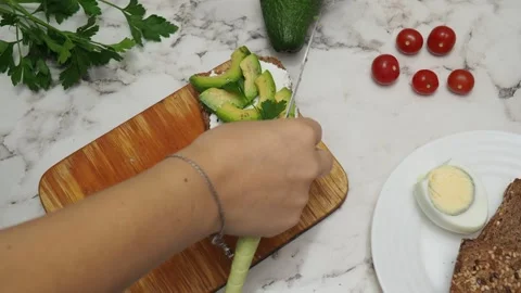 Healthy avocado toasts with rye bread, sliced avocado, eggs, cottage Stock Footage 272158014
