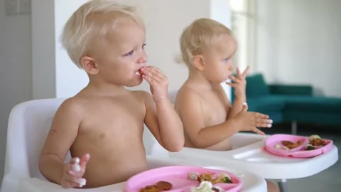 Healthy balanced plant based diet for children. 2 years old twins enjoys their Video stock 158524615