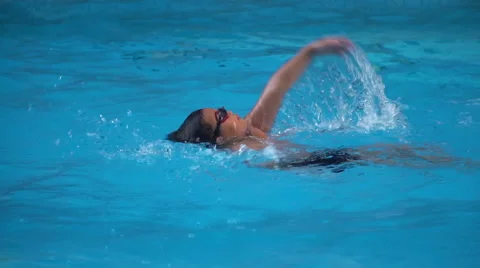 Healthy boy back stroke swims slow motion in swimming pool Stock Footage 68026678