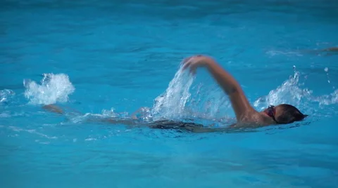 Healthy boy back stroke swims slow motion in swimming pool Stock Footage 68027467