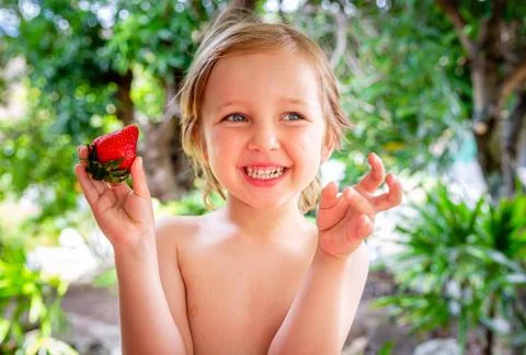 Healthy boy eats delicious red strawberry fruit Stock Photos