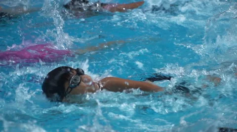 Healthy boy front crawl swims slow motion in swimming pool Stock Footage 68028627