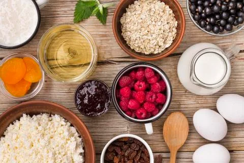 Healthy breakfast. Authentic elements for cooking homemade granola. Summer ti Stock Photos