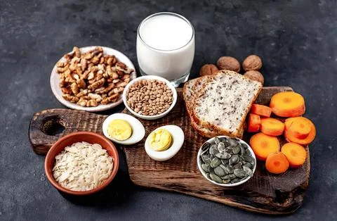 Healthy breakfast with bread, eggs, vegetables, and milk Stock Photos