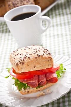 Healthy breakfast with bread roll on the table Foto stock