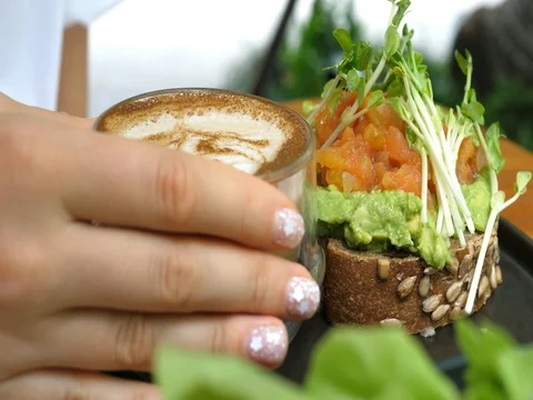 Healthy Breakfast With Coffee And Avocado Toast Closeup Видео 80399605