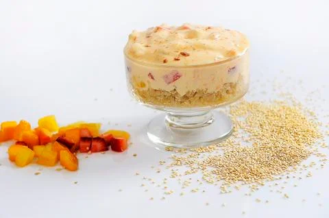 Healthy breakfast concept. Quinoa Granola with yogurt, fruits, seeds and hone Stock Photos