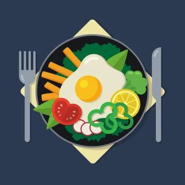 Healthy breakfast flat illustration. A plate with omelet, salad, lemon and ve Stock Illustration