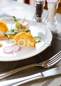 Healthy breakfast food. Delicious benedict for real gourmet. Beautifully served Stock Photos