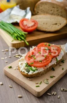 Healthy Breakfast - Homemade Beer Bread With Cheese, Tomatoes And Chives
