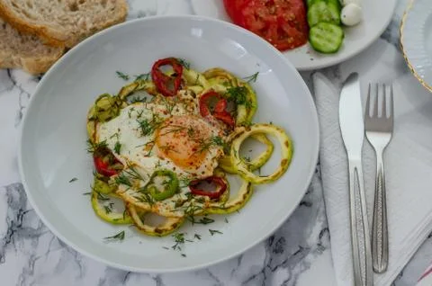 Healthy breakfast on marble table. Stock Photos
