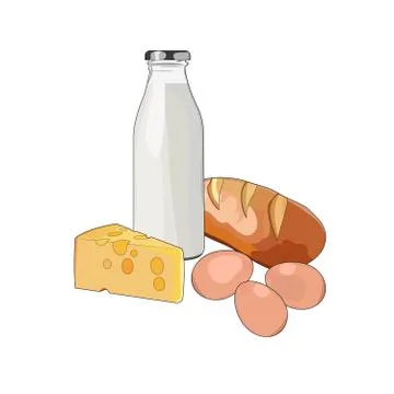 Healthy breakfast milk, bread, eggs, cheese. Protein farm food. Vector graphic Stock Illustration