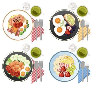 Healthy Breakfast Plates with Eggs, Fruit, and Tea Overhead Stock Illustration