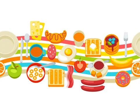 Healthy breakfast seamless pattern. Various food and drinks. Illustration for Stock Illustration