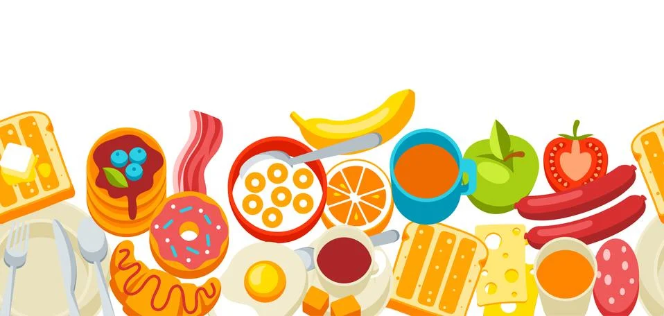 Healthy breakfast seamless pattern. Various food and drinks. Illustration for Stock Illustration