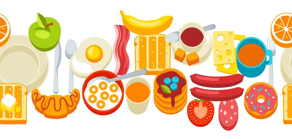 Healthy breakfast seamless pattern. Various food and drinks. Illustration for Stock Illustration