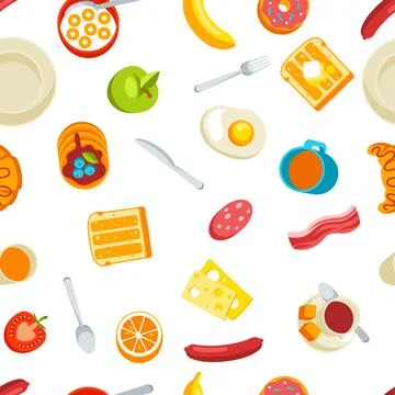 Healthy breakfast seamless pattern. Various food and drinks. Illustration for Stock Illustration