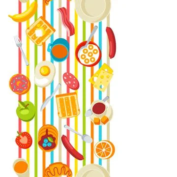 Healthy breakfast seamless pattern. Various food and drinks. Illustration for Stock Illustration