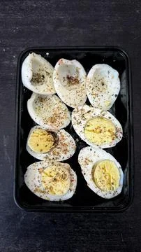 Healthy breakfast spread with boiled eggs Stock Photos