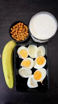 Healthy breakfast spread with boiled eggs Stock Photos