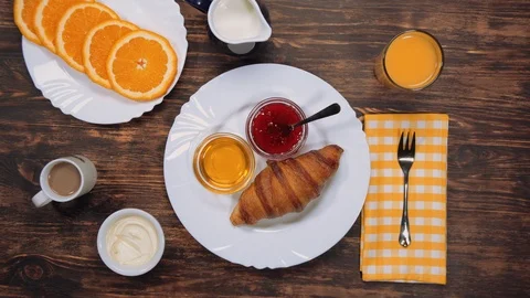Healthy breakfast spread on the table Stock Footage 92016247