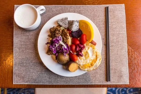 Healthy breakfast on table 스톡 사진