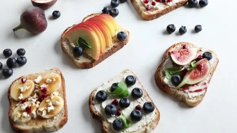 Healthy breakfast with  toasts, rotating Stock Footage 319420314