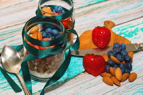 Healthy breakfast for two persons concept Stock Photos