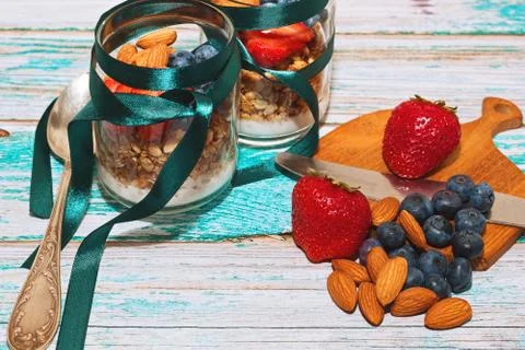 Healthy breakfast for two persons Stock Photos