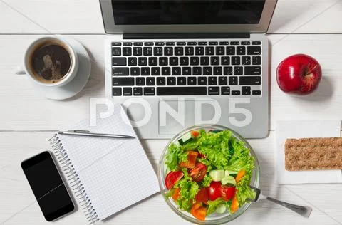 Healthy business lunch snack in office, vegetable salad top view Stock Photos