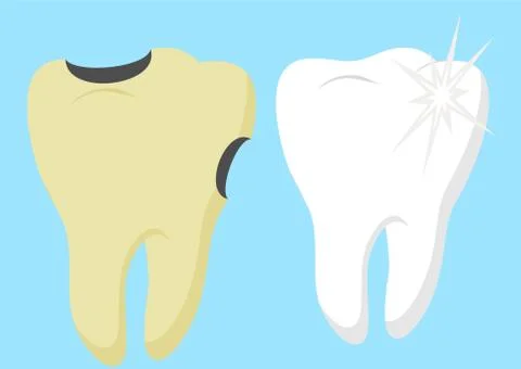 Healthy cartoon tooth and decayed tooth with. Dental care and hygiene Stock Illustration