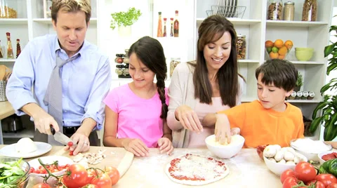 Healthy Caucasian Family Making Pizza Together Stock Footage